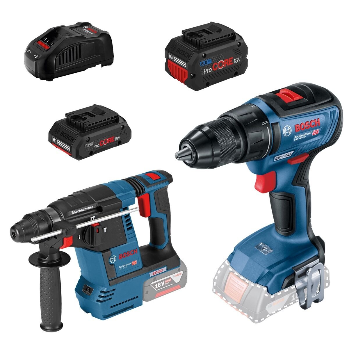 BOSCH GSR 18V-50 + GBH 18V-26 1x 4,0 & 8,0 AH 0615990N1X