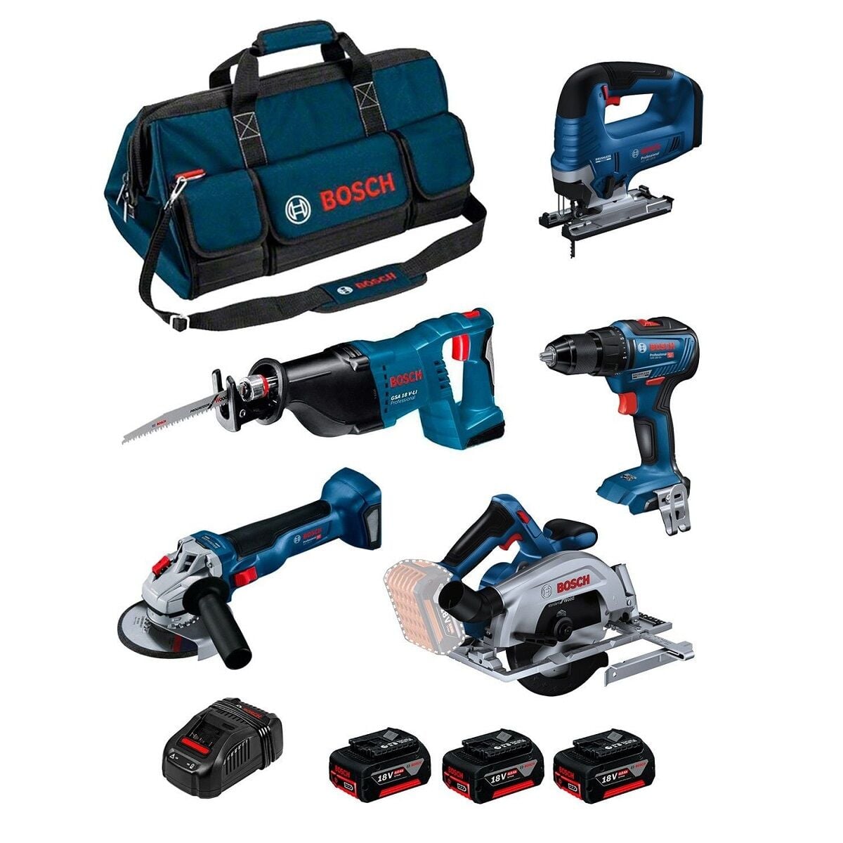 Bosch GSR 18V-55 + GWS 18V-10 + GKS 18V-57-2 + GSA 18V-LI + GST 18V-125 B Elektrikli El Aletleri Seti 0615990N39